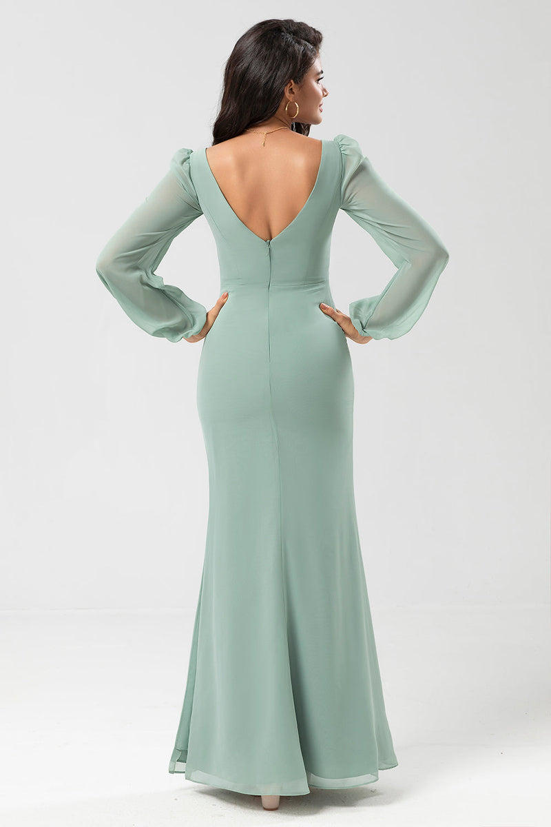 Load image into Gallery viewer, Long Sleeves Green Bridesmaid Dress with Slit