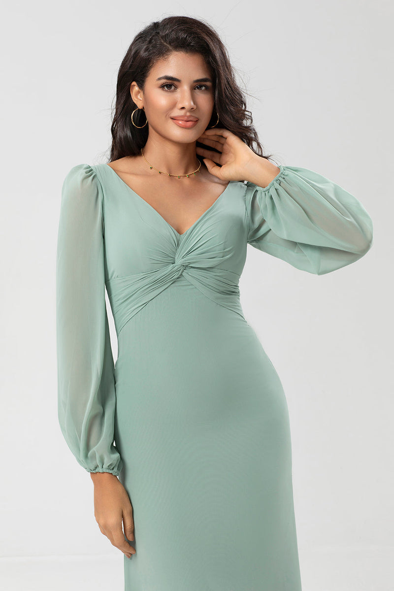 Load image into Gallery viewer, Long Sleeves Green Bridesmaid Dress with Slit