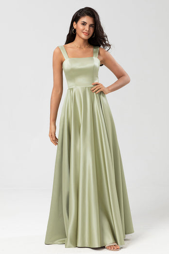 Satin A Line Green Bridesmaid Dress with Pockets