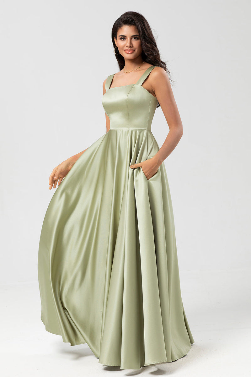 Load image into Gallery viewer, Satin A Line Green Bridesmaid Dress with Pockets