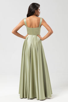 Satin A Line Green Bridesmaid Dress with Pockets