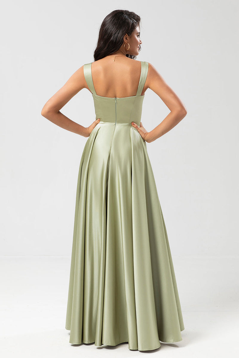 Load image into Gallery viewer, Satin A Line Green Bridesmaid Dress with Pockets