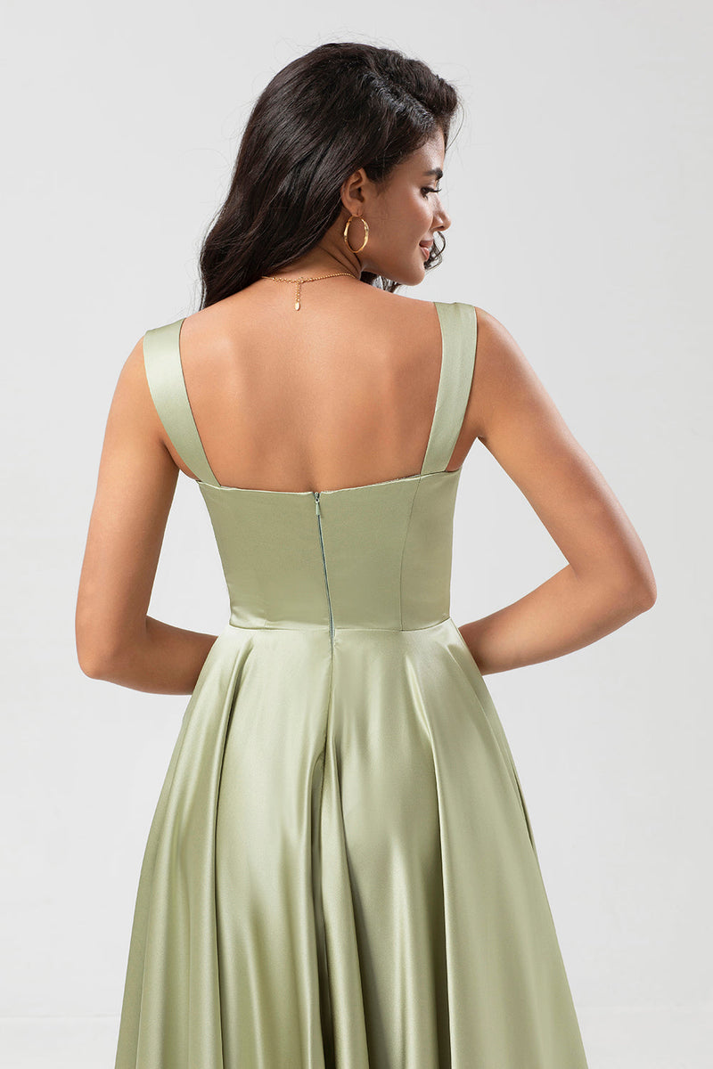 Load image into Gallery viewer, Satin A Line Green Bridesmaid Dress with Pockets