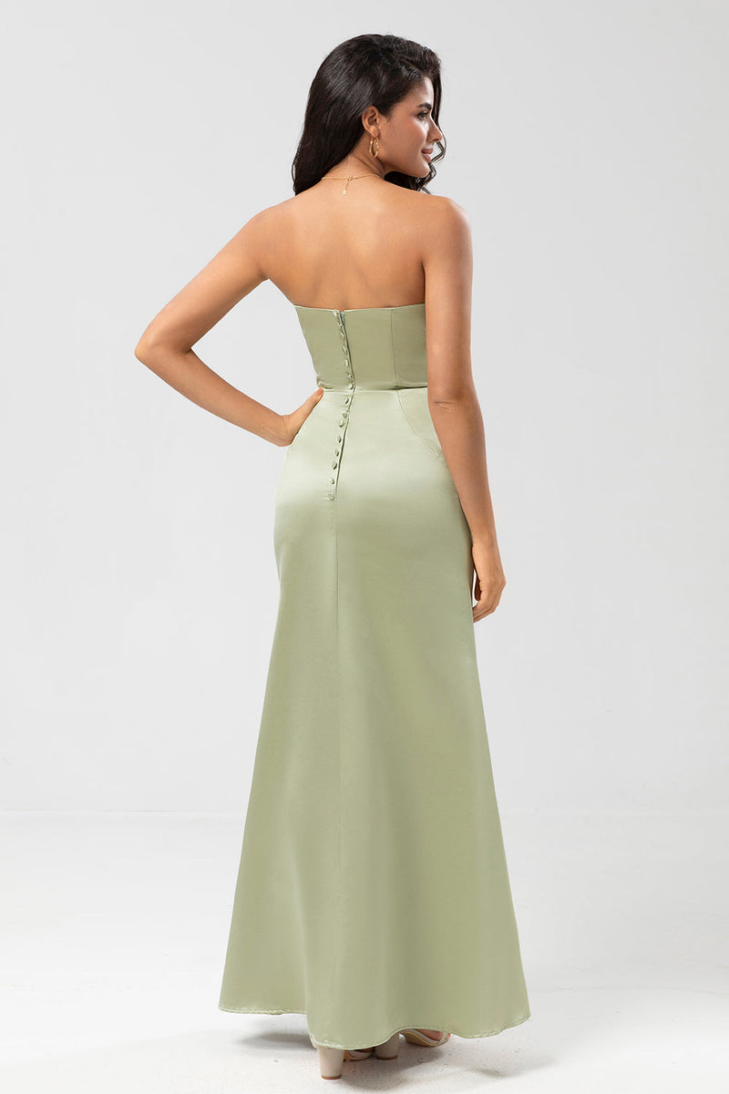 Load image into Gallery viewer, Strapless Satin Sheath Green Bridesmaid Dress