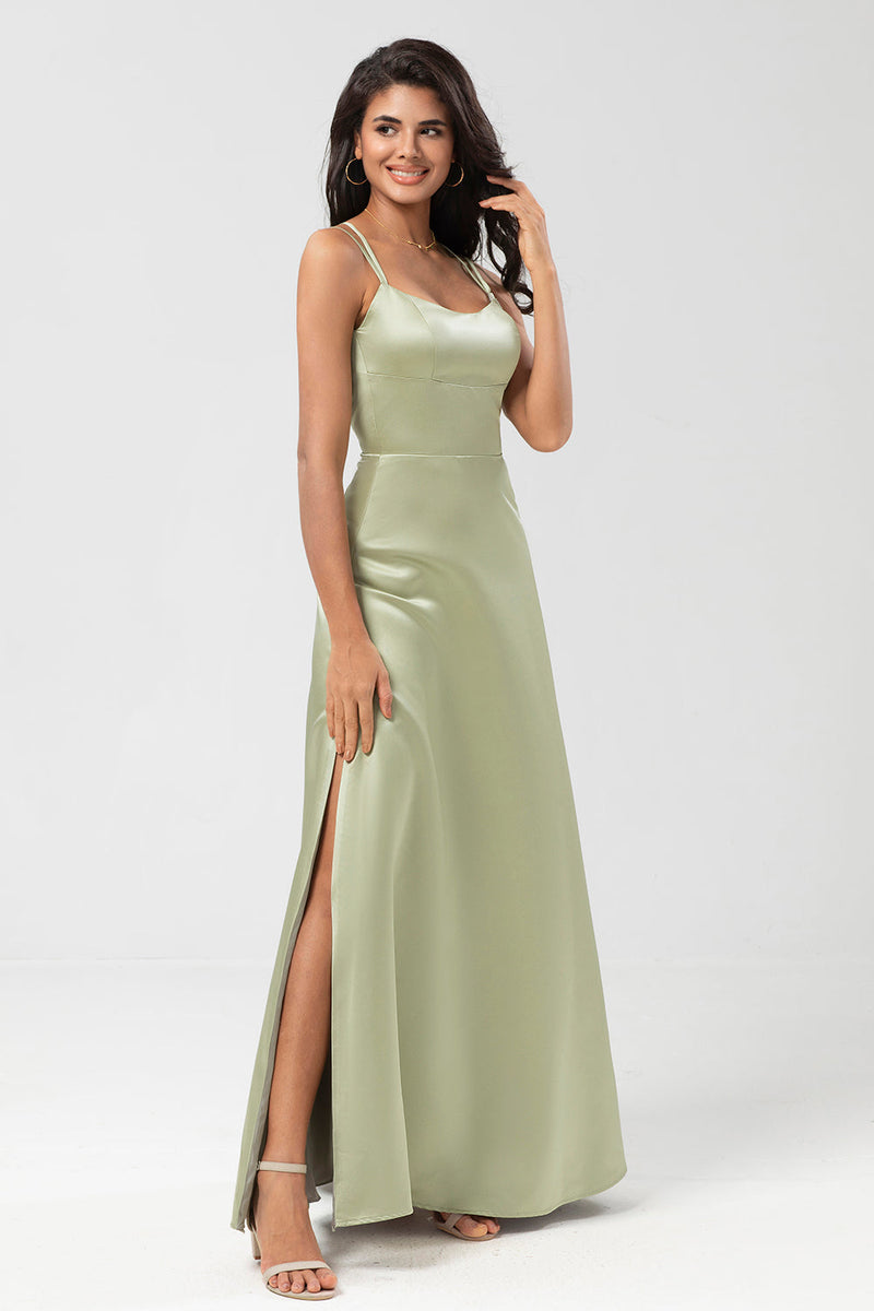 Load image into Gallery viewer, Satin Green Bridesmaid Dress with Lace-up Back