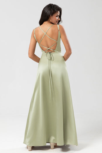 Satin Green Bridesmaid Dress with Lace-up Back