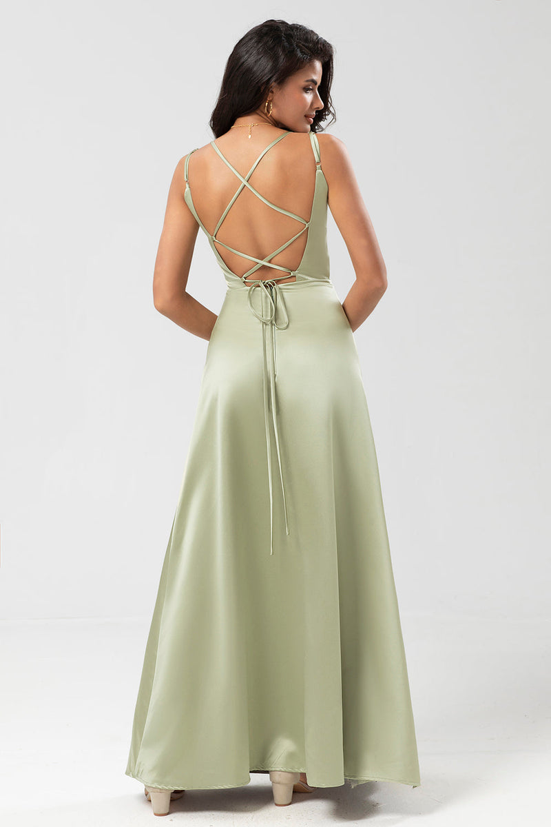 Load image into Gallery viewer, Satin Green Bridesmaid Dress with Lace-up Back