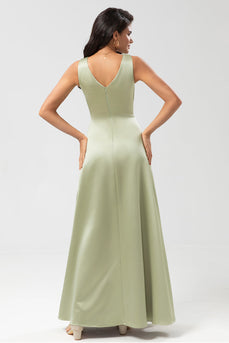 Satin Green Bridesmaid Dress with Pleated