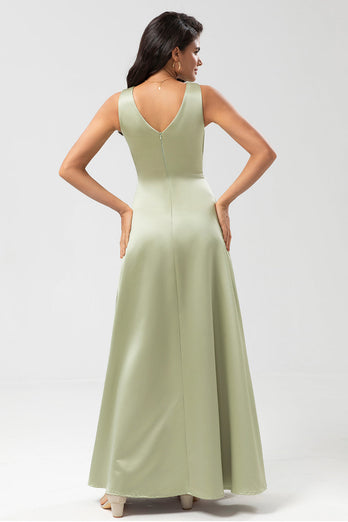 Satin Green Bridesmaid Dress with Pleated