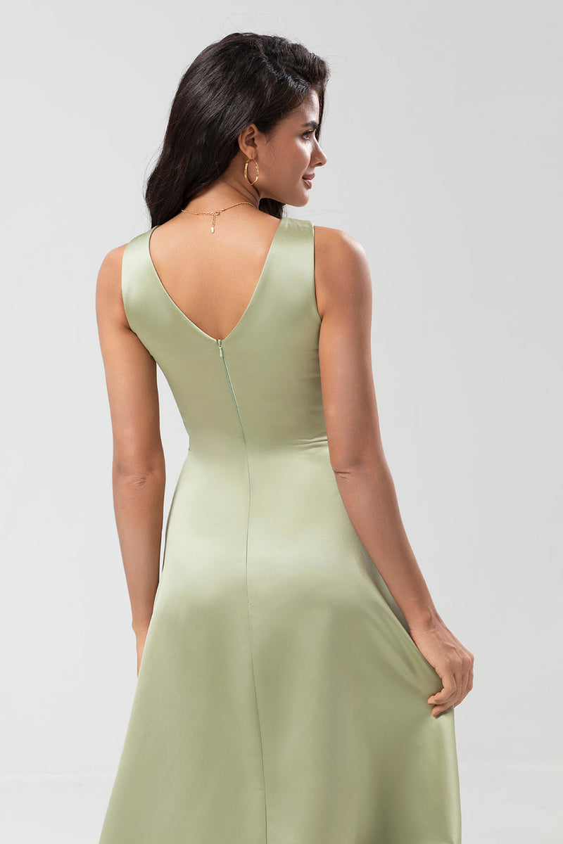 Load image into Gallery viewer, Satin Green Bridesmaid Dress with Pleated