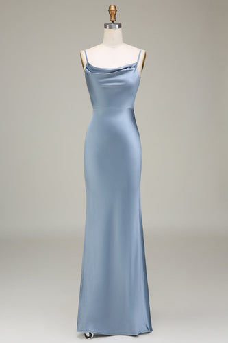 Dusty Blue Sheath Spaghetti Straps Satin Long Bridesmaid Dress