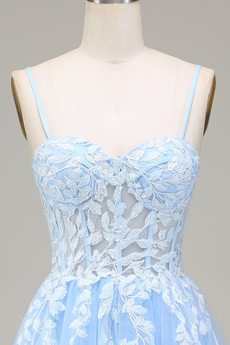 Load image into Gallery viewer, Tulle A-Line Spaghetti Straps Sky Blue Prom Dress with Appliques