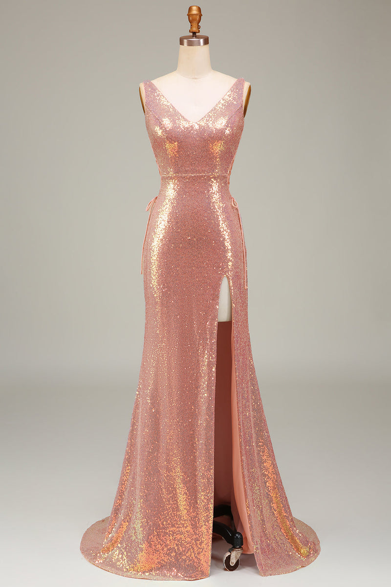 Load image into Gallery viewer, Sparkly Blush Mermaid Prom Dress with Slit