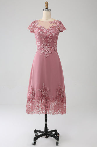 Dusty Rose A-Line Scoop Illusion Tea-Length Mother of the Bride Dress With Sequins