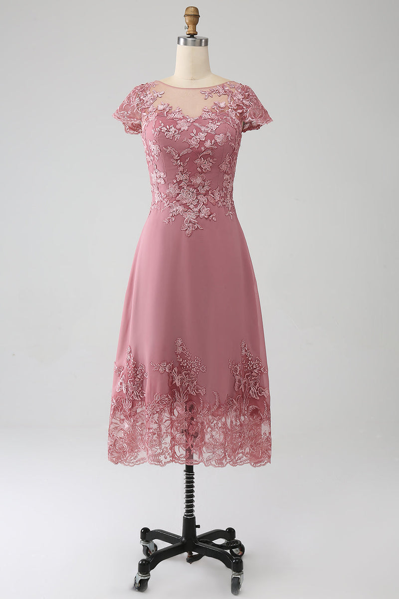 Load image into Gallery viewer, Dusty Rose A-Line Scoop Illusion Tea-Length Mother of the Bride Dress With Sequins