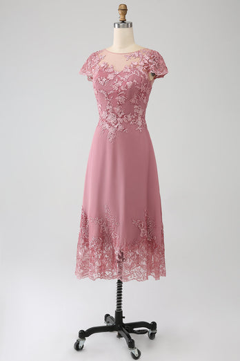 Dusty Rose A-Line Scoop Illusion Tea-Length Mother of the Bride Dress With Sequins