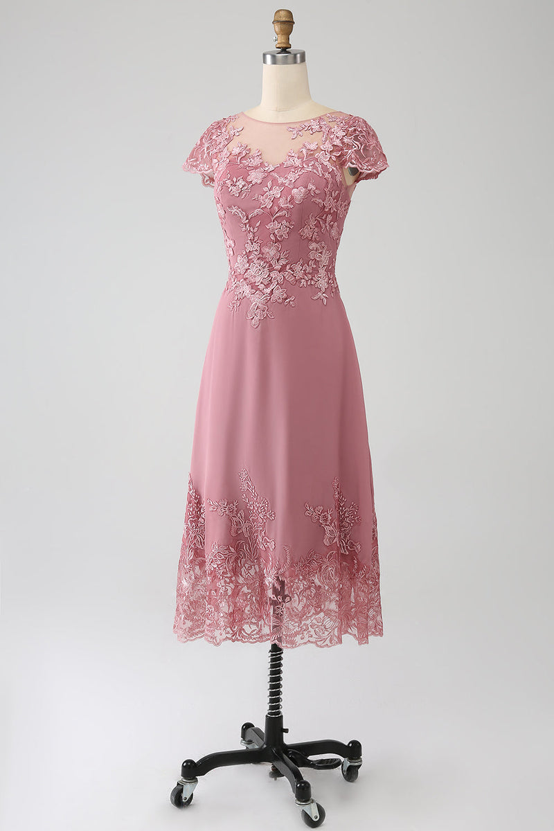 Load image into Gallery viewer, Dusty Rose A-Line Scoop Illusion Tea-Length Mother of the Bride Dress With Sequins