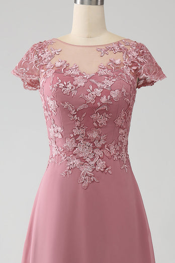 Dusty Rose A-Line Scoop Illusion Tea-Length Mother of the Bride Dress With Sequins