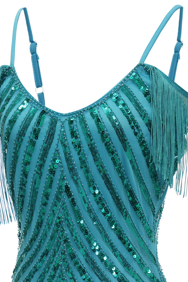 Load image into Gallery viewer, Sparkly Turquoise Tight Sequins Short Homecoming Dress with Fringes