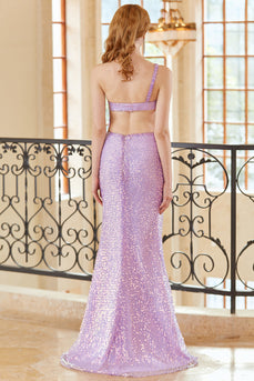 Sheath One Shoulder Light Purple Sequins Long Prom Dress with Split Front