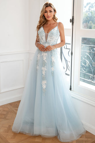 Appliques Light Blue Tulle Princess Prom Dress with Slit