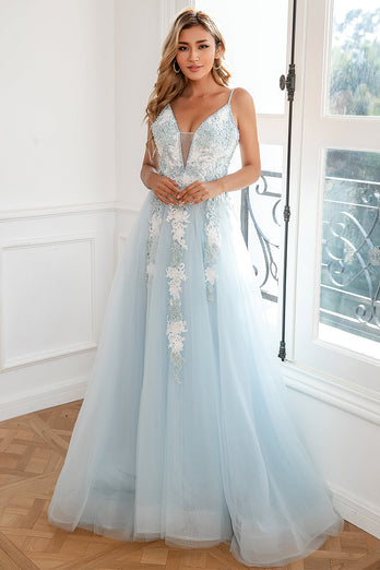 Appliques Light Blue Tulle Princess Prom Dress with Slit