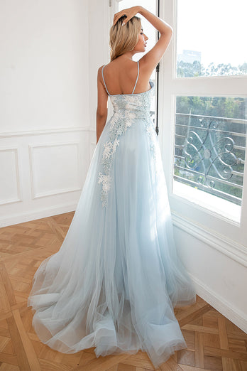 Appliques Light Blue Tulle Princess Prom Dress with Slit