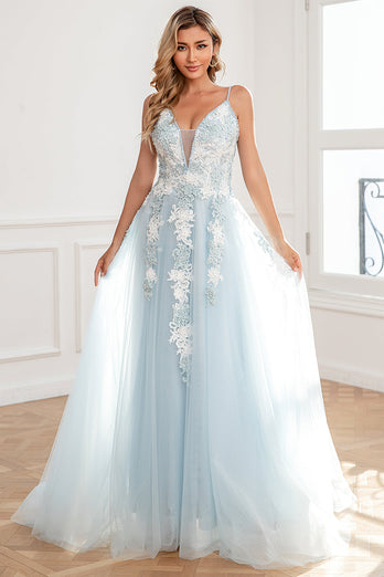 Appliques Light Blue Tulle Princess Prom Dress with Slit