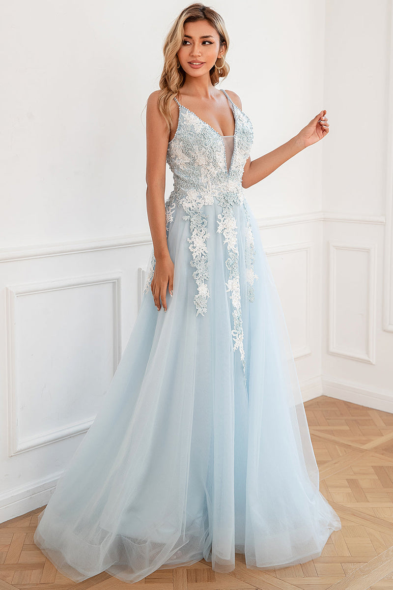 Load image into Gallery viewer, Appliques Light Blue Tulle Princess Prom Dress with Slit