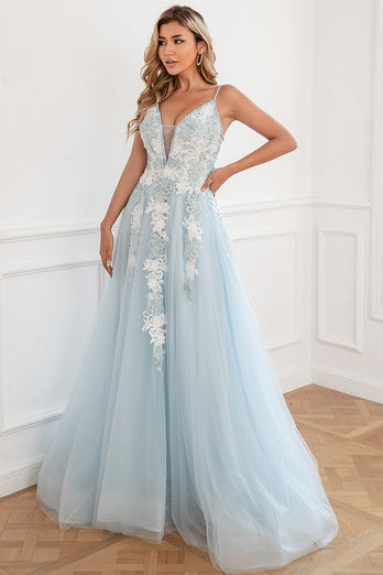 Appliques Light Blue Tulle Princess Prom Dress with Slit