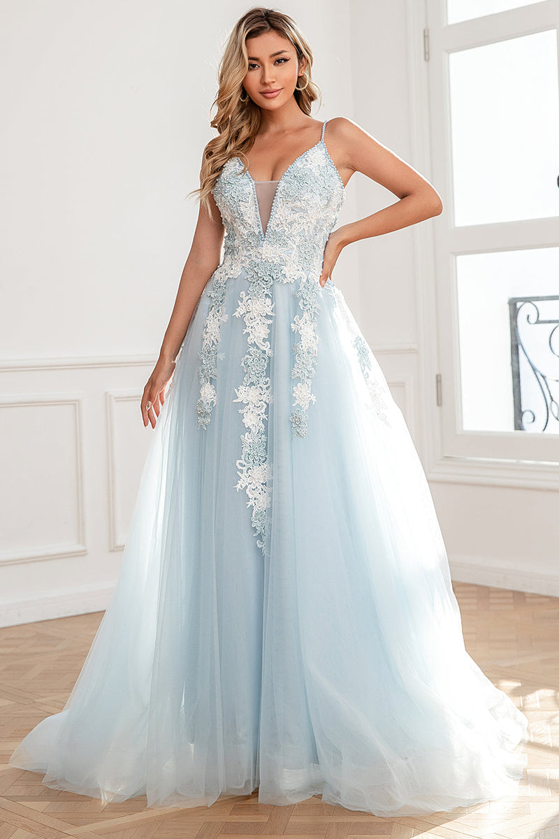 Load image into Gallery viewer, Appliques Light Blue Tulle Princess Prom Dress with Slit