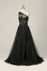 Load image into Gallery viewer, One Shoulder A Line Tulle Black Prom Dress with Beading