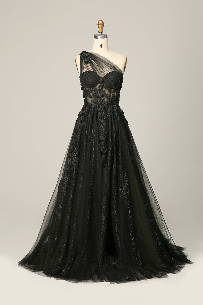 Load image into Gallery viewer, One Shoulder A Line Tulle Black Prom Dress with Beading