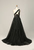 Load image into Gallery viewer, One Shoulder A Line Tulle Black Prom Dress with Beading