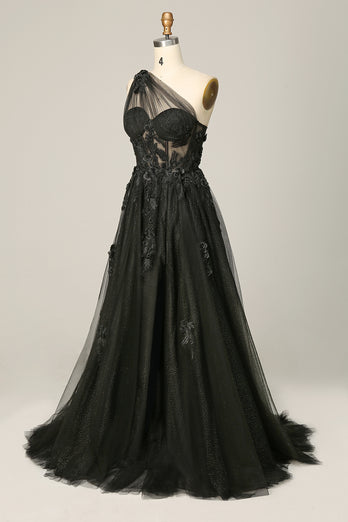 One Shoulder A Line Tulle Black Prom Dress with Beading