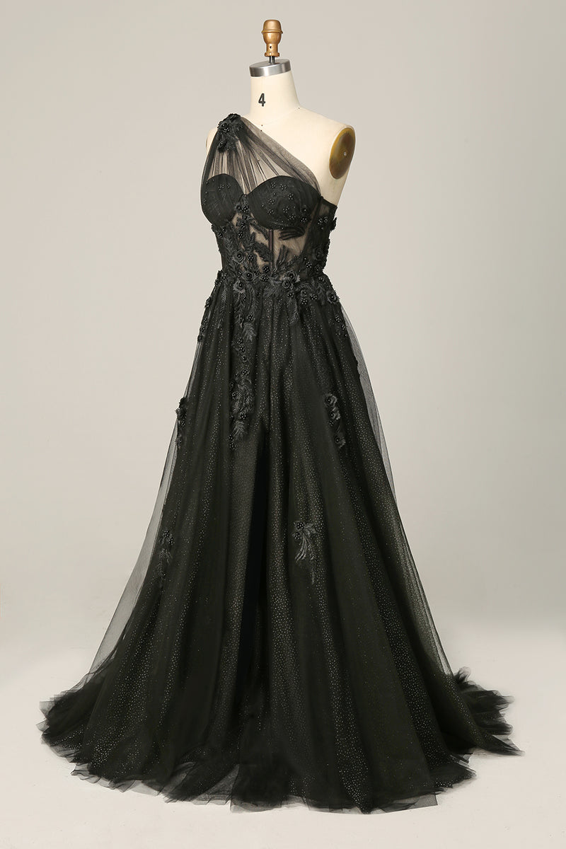 Load image into Gallery viewer, One Shoulder A Line Tulle Black Prom Dress with Beading