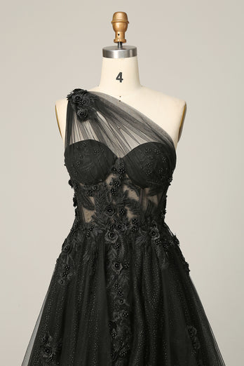 One Shoulder A Line Tulle Black Prom Dress with Beading