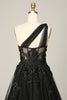 Load image into Gallery viewer, One Shoulder A Line Tulle Black Prom Dress with Beading