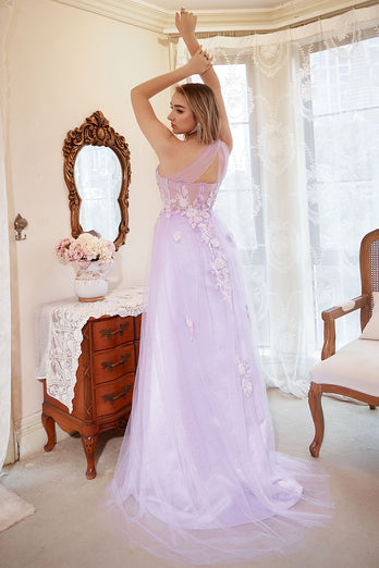 Lavender A-Line Halter Prom Dress With Embroidery