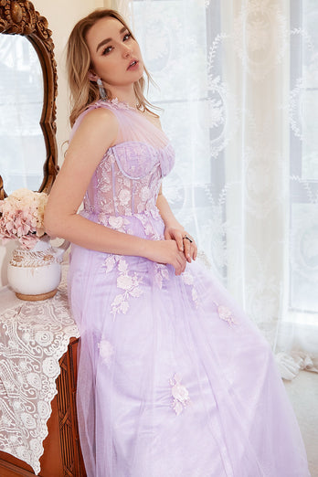 Lavender A-Line Halter Prom Dress With Embroidery