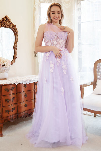 Lavender A-Line Halter Prom Dress With Embroidery