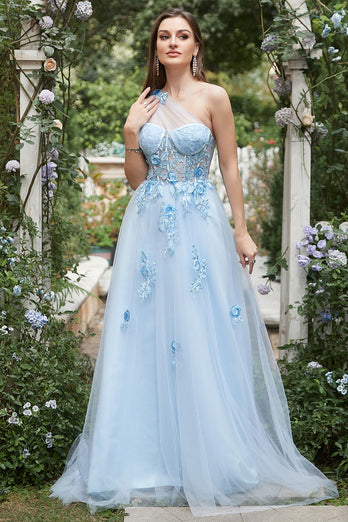 One Shoulder A Line Tulle Blue Prom Dress with Beading