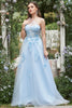 Load image into Gallery viewer, One Shoulder A Line Tulle Blue Prom Dress with Beading