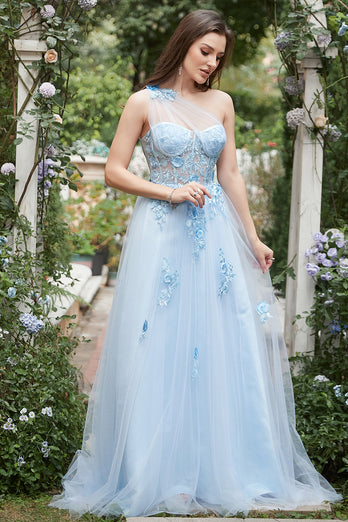 One Shoulder A Line Tulle Blue Prom Dress with Beading