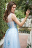 Load image into Gallery viewer, One Shoulder A Line Tulle Blue Prom Dress with Beading