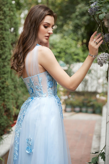 One Shoulder A Line Tulle Blue Prom Dress with Beading