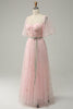 Load image into Gallery viewer, Tulle A Line Blush Embroidery Prom Dress with Puff Sleeves