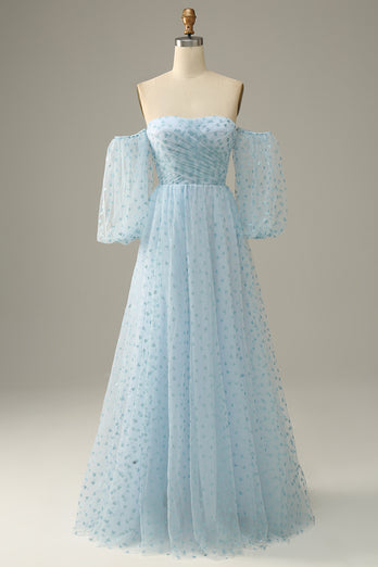 Off The Shoulder Sky Blue A line Tulle Prom Dress