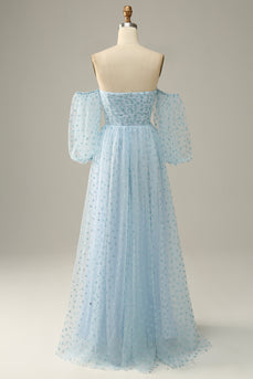 Off The Shoulder Sky Blue A line Tulle Prom Dress