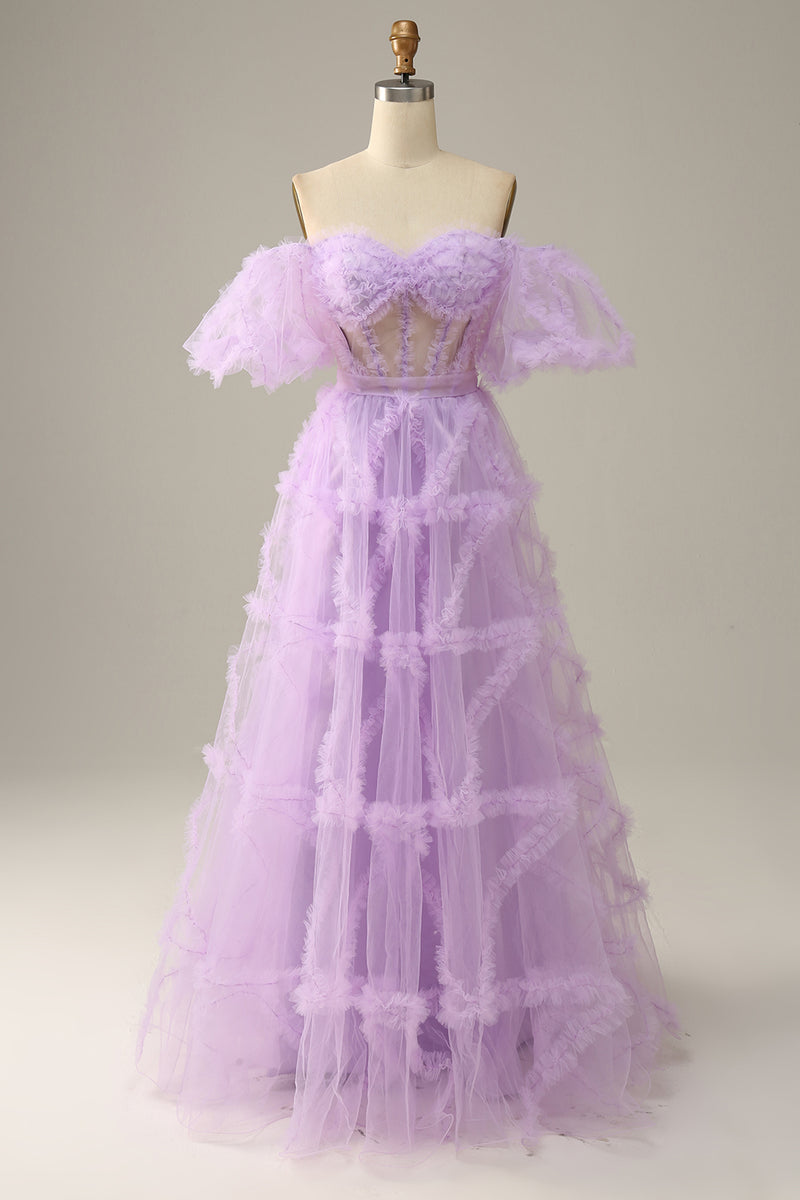 Load image into Gallery viewer, Tulle Lavender Off The Shoulder A Line Prom Dress